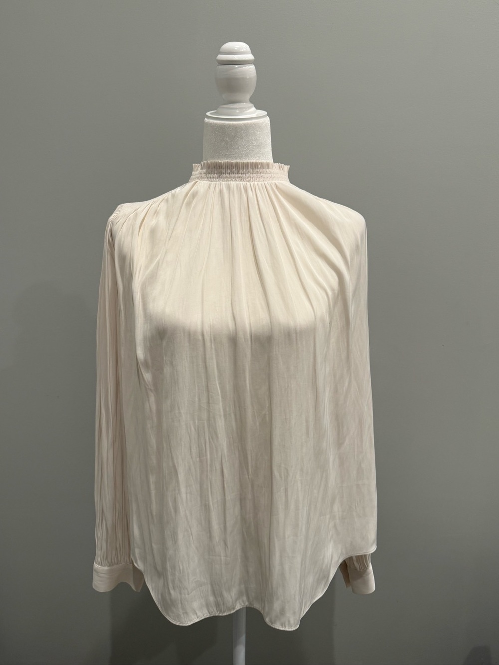 Aritzia Cream High-Neck Pleated Long-Sleeve Blouse